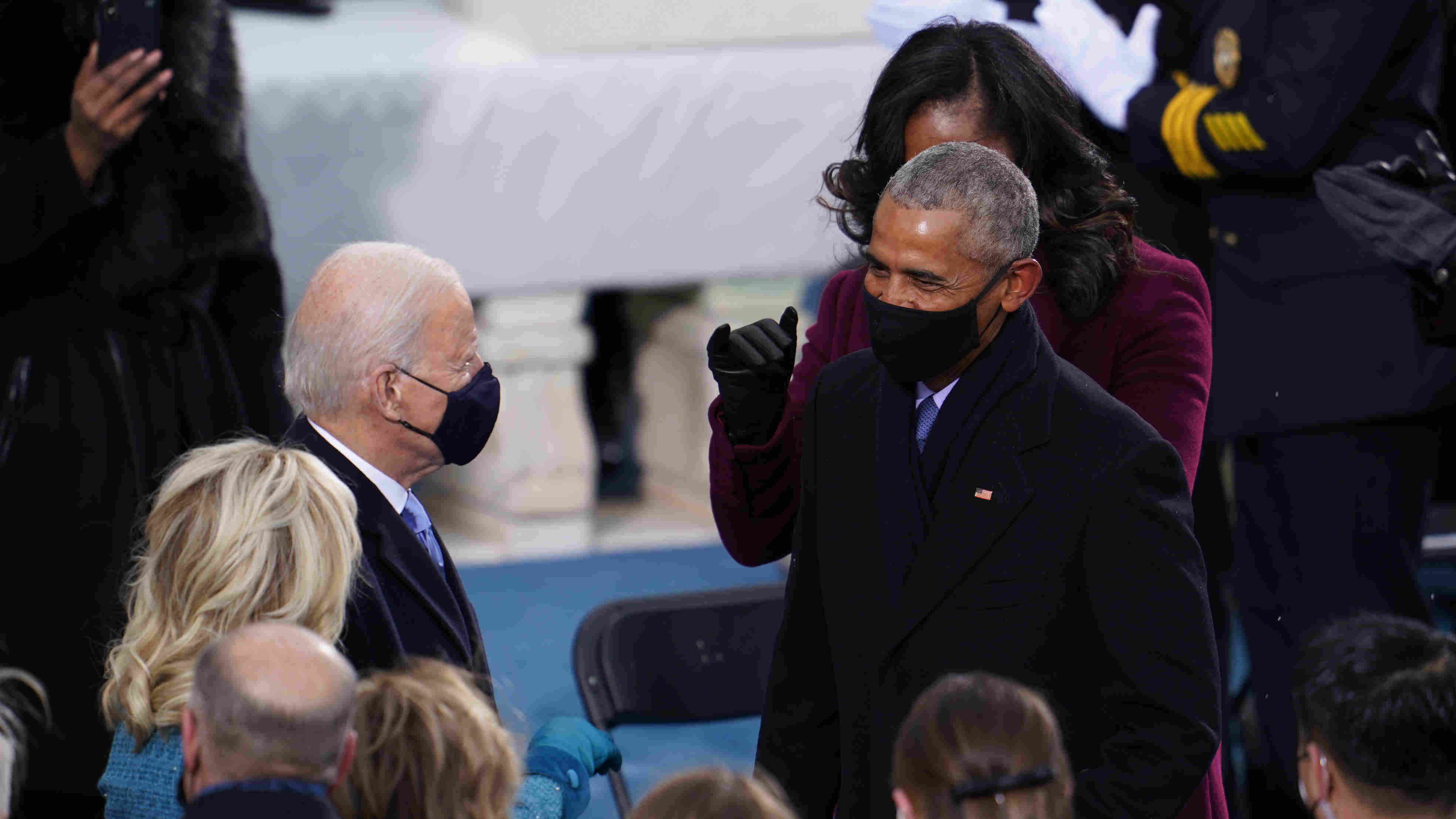 Joe Biden greets former President Barack Obama ahead his inauguration at the Capitol in Washington on Wednesday, Jan. 20, 2021.