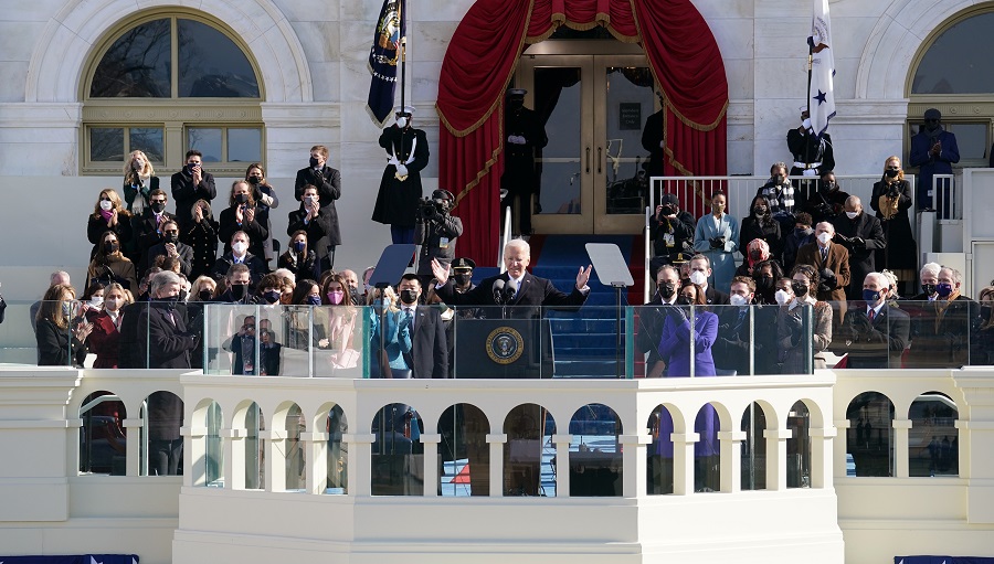 President Joe Biden delivers his inaugural address at the US Capitol in Washington on Wednesday