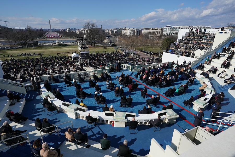 Delegates sit at President Joe Biden's meant-for-TV swearing-in ceremony, at the White House in Washington on Wednesday.