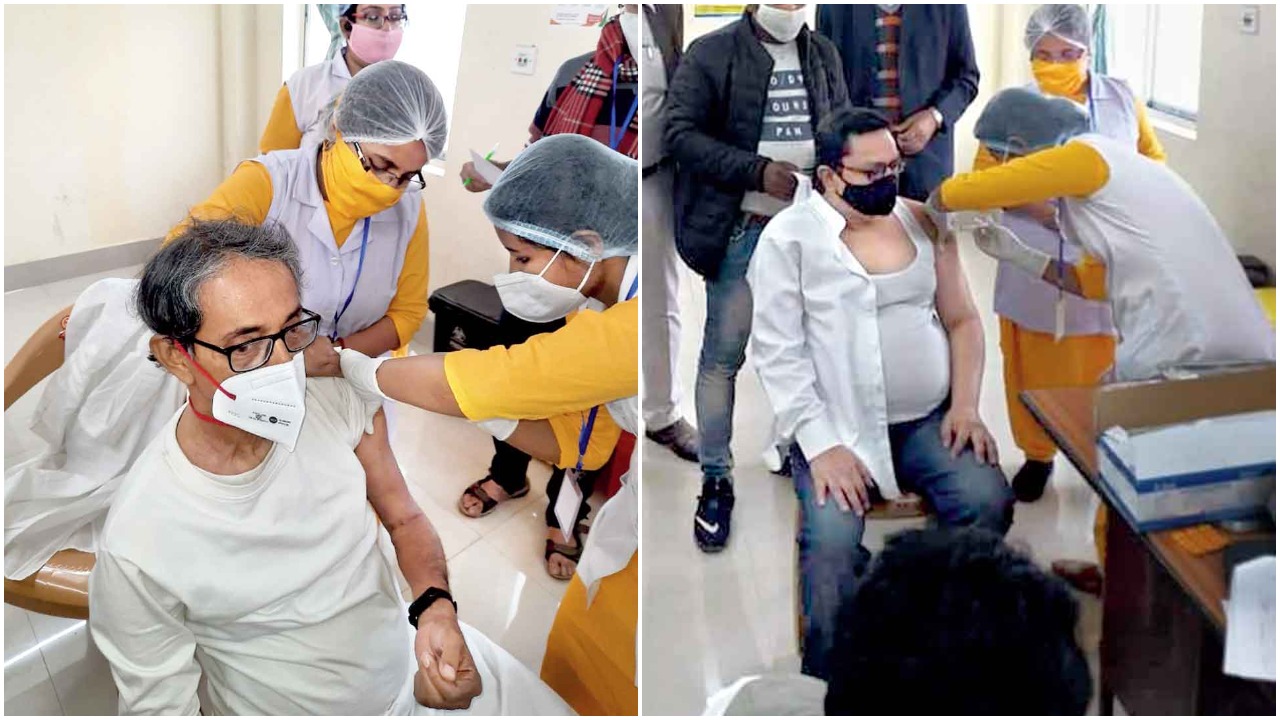 Councillors and civic board of administrators members Pranay Roy and Rajesh Chrimar (right) take the vaccine at the urban primary health centre in Duttabad on Saturday.