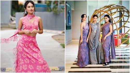 (L) Pink batik-printed skirt and top set , (R) These monochrome outfits are basic but chic