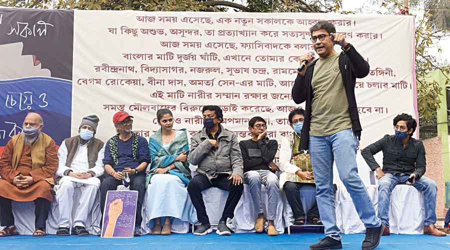 Actor-director Koushik Sen speaks at the protest