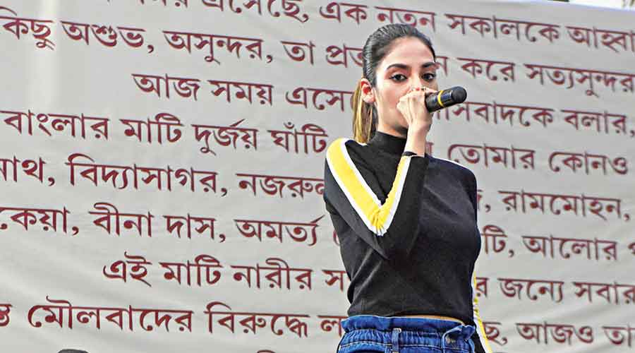Trinamul MP Nusrat Jahan speaks at the protest