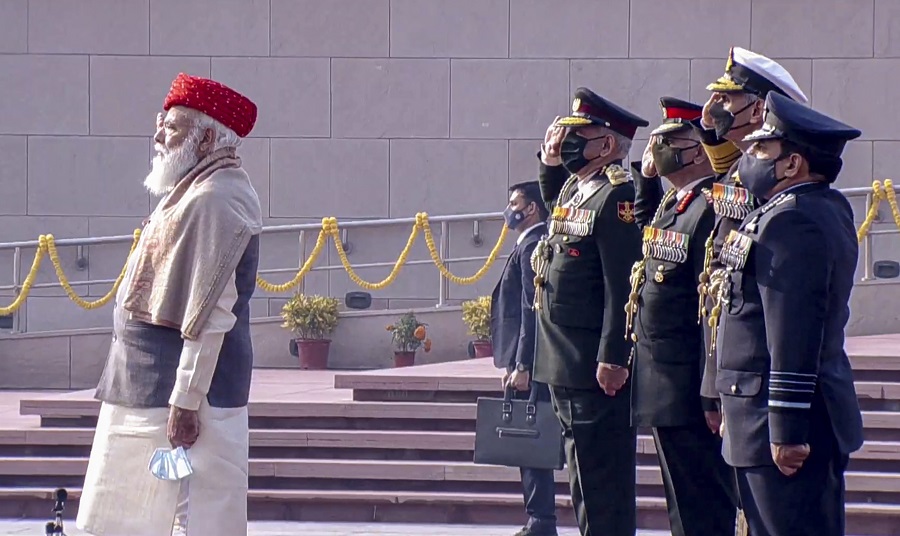 Prime Minister Narendra Modi pays homage to the martyrs at the National War Memorial on the occasion of Republic Day, in New Delhi on Tuesday.