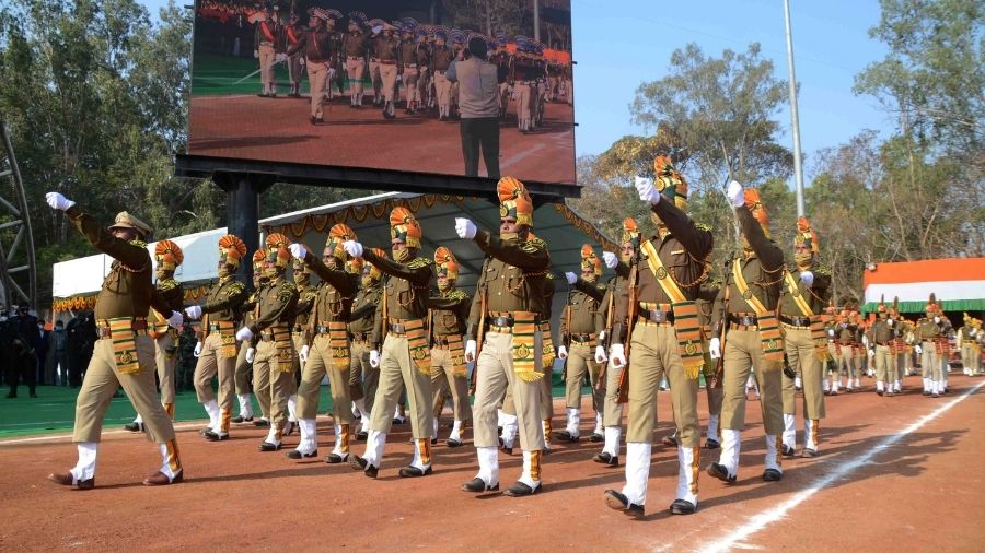 Jharkhand Police performing march past during Republic Day at Morabadi Ground in Ranchi, on Tuesday.