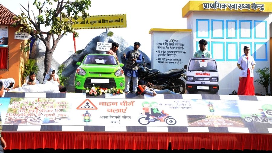 Tableau of the state health department attends the Republic Day celebrations at the Morabadi ground in Ranchi, on Friday.