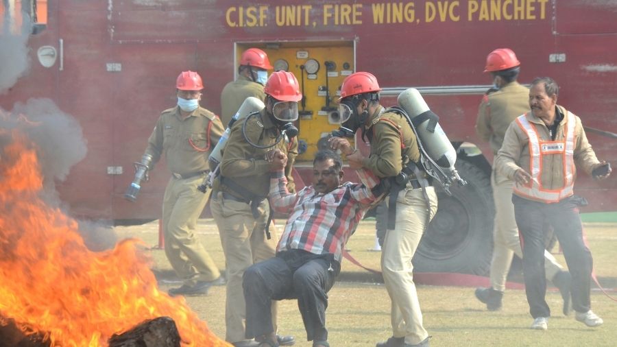 CISF fire unit performs a recue operation mock drill  during the Republic Day celebrations at Jawaharlal Nehru Stadium in Jealgora, Jharia, on Tuesday.
