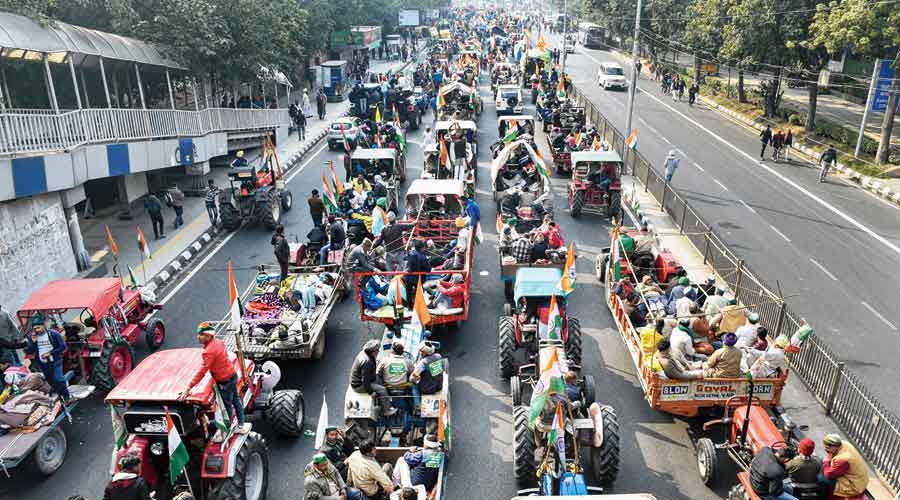 Protesting farmers take part in the tractor rally in  New Delhi on Republic Day