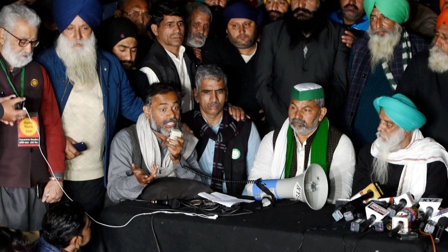 Farmer leaders address a press conference at the Singhu border, in Delhi, on Wednesday.