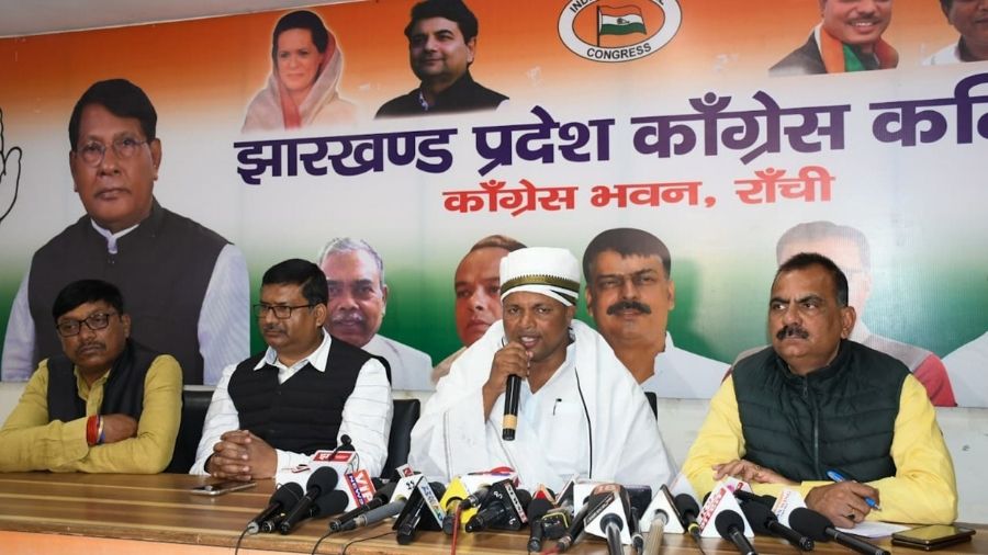 State agriculture minister Badal Patralekh, along with other Congress leaders, addresses the press to announce the party’s January 31 tractor rally in Ranchi on Thursday. 
