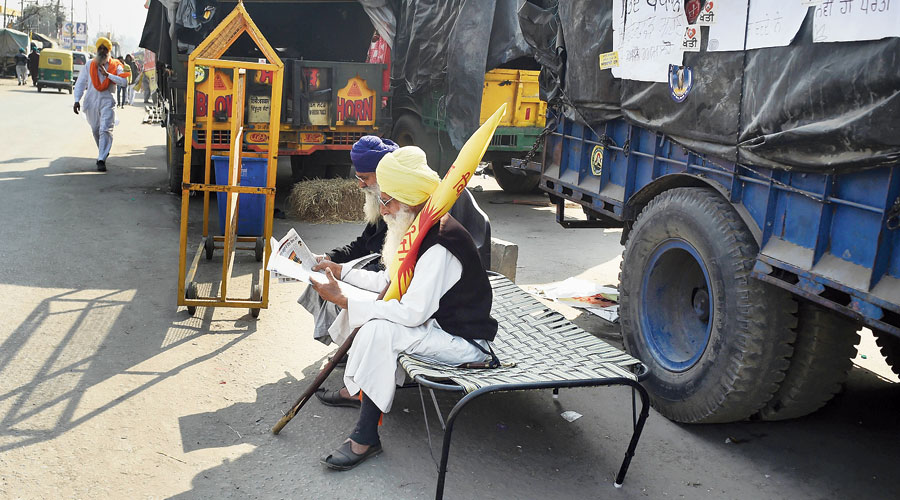  The protesting farmers at the Singhu border  near Delhi. 