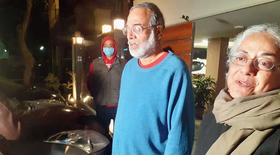 File picture of publisher Prabir Purkayastha and author Githa Hariharan after the ED raid ended at their home on February 14 this year.