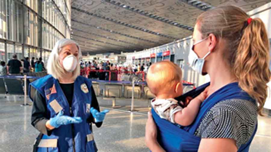 Patti Hoffman at the Calcutta airport during the repatriation of US citizens in April 2020