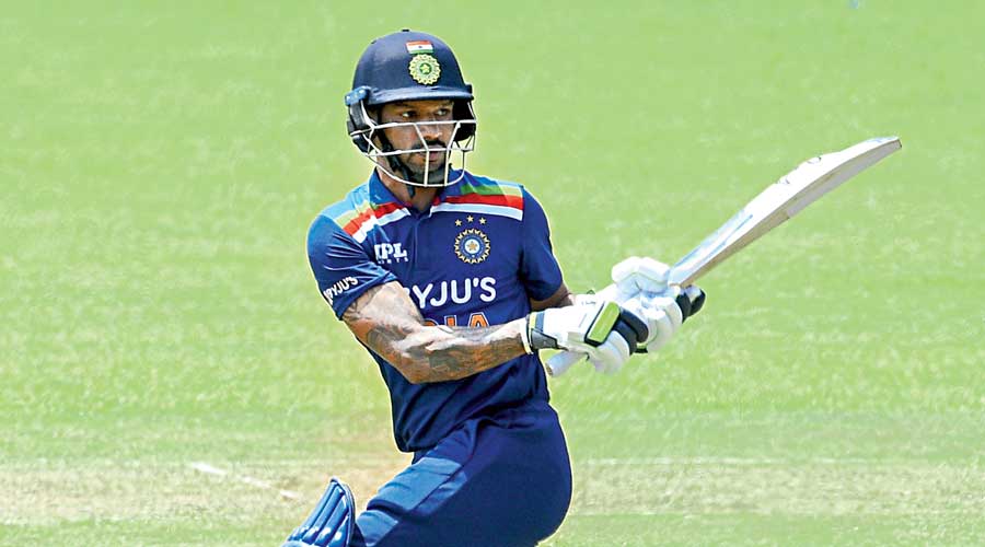 Shikhar Dhawan during an intra-squad T20 simulation game between Shikhar Dhawan XI and Bhuvneshwar Kumar XI at the SSC, Colombo, on Monday. Batting first, Dhawan XI put up 154 for four in 20 overs while Bhuvneshwar XI reached the target in 17 overs.