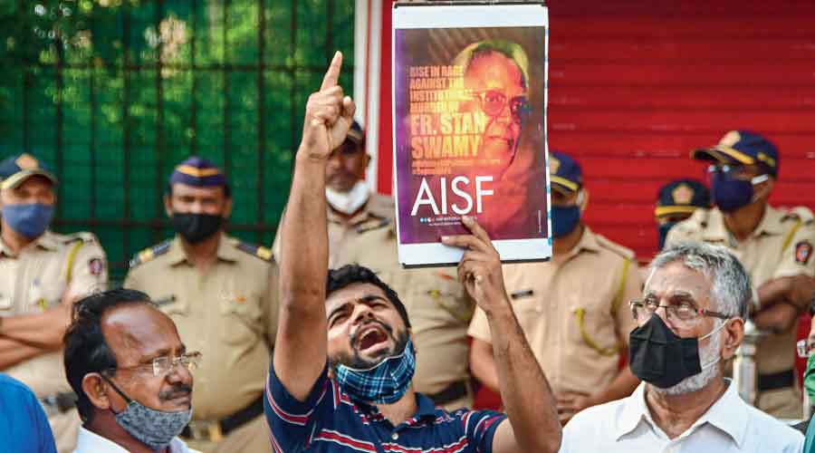 AISF members protest at Shivaji park in Mumbai on Wednesday against the  death in custody of Father Stan Swamy