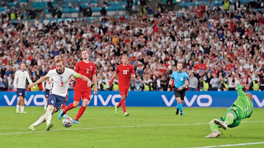 Captain Harry Kane scores England’s winning goal from the rebound of a missed penalty during their Euro 2020 semi-final against Denmark  at Wembley Stadium, London, on Wednesday.