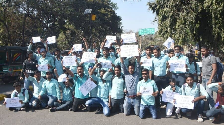 ITI students stage protest at Luby Circular Road near Gandhi Seva Sadan in Dhanbad in February.