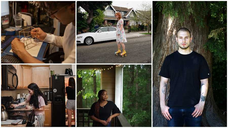 Caption NEW LIFE: (Clockwise from top left) Steven Grullon works on an architectural model at home in New York; Jacqueline Andrews in LA; Griffin Wilson in Duncan, Canada; Montia Daniels in Chapel Hill; Xanthe Soter with a classmate at their rented home in Philadelphia. 