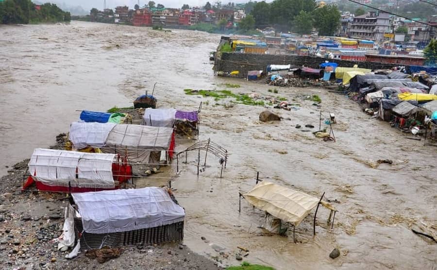 A view of Beas river in spate after heavy rain in Kullu district on Monday.