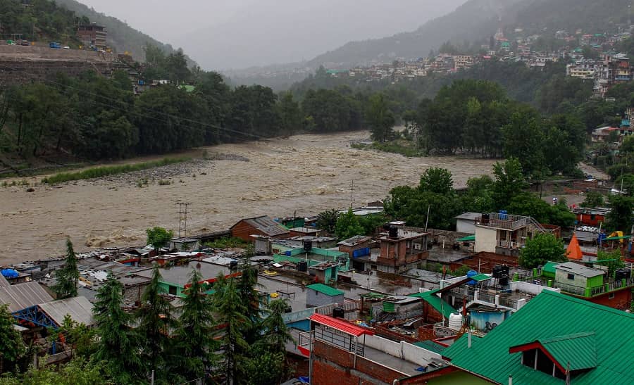 Swollen Beas river due to continuous rain in Kullu on Monday.