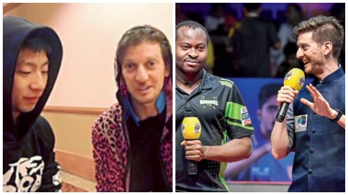 (L-R) Adam Bobrow with Rio Olympic gold medallist and world number 3 Ma Long; Adam Bobrow with Aruna Quadri at the Ultimate Table Tennis Season 2. Adam has under his belt over 100 international commentary assignments