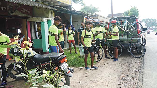 Tea Time: The cyclists take a break on the way