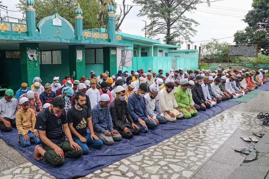 Muslims offer prayers at a mosque, in Jammu on Wednesday.