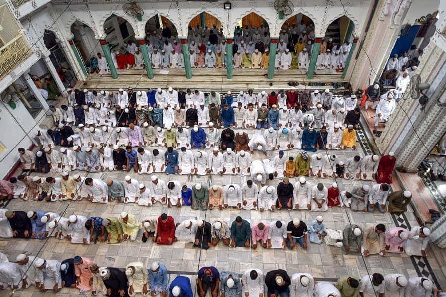Muslims offer prayers at Vashi Ullah mosque, in Prayagraj on Wednesday.