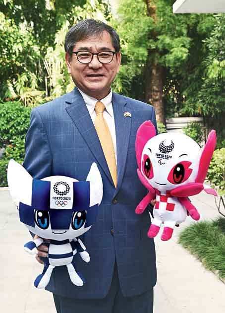 Yutaka Nakamura with Miraitowa and Someity, the official mascots of the Olympic and the Paralympic Games, at his Ballygunge residence.