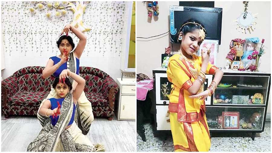 Mother-daughter duo Mousumi and Amisha Saha perform for Gulabi Gang. (Right) Sharanya Mitra dances to Kar monjir rinijhini baje