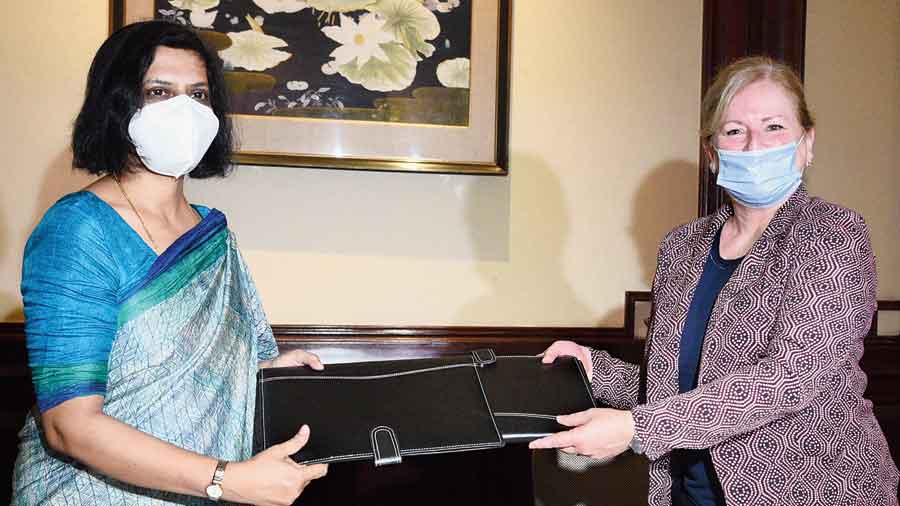 Nandini Chakraborty and (right) Virginie Corteval at the MoU-signing ceremony on Thursday.