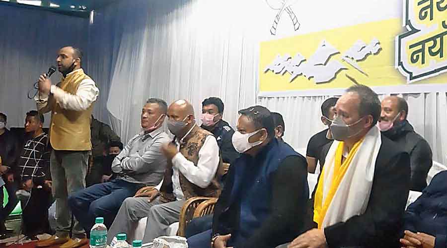 Tilak Chand Roka (sitting second from right) at a meeting of the Anit Thapa faction of  the Morcha in Darjeeling on Sunday.