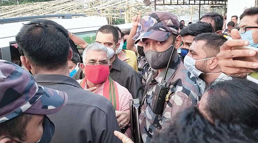 Dilip Ghosh during BJP workers’ protest at Chinsurah  on Friday.