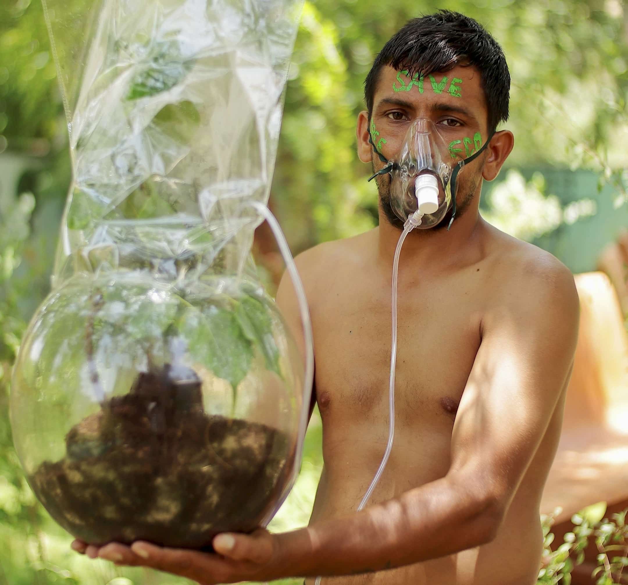 A man poses with a plant connected with an oxygen mask in Barmer on the occasion of World Environment Day on Saturday.