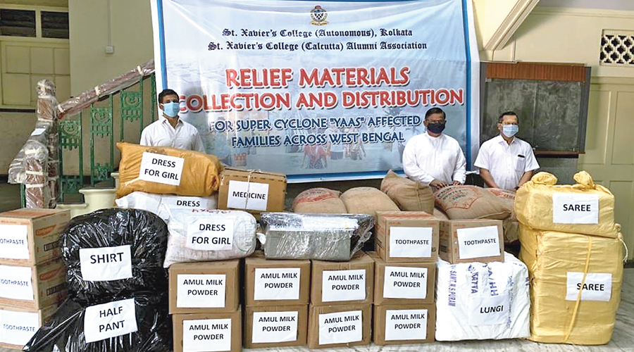 A consignment of relief materials at St Xavier’s College before being taken to East Midnapore.