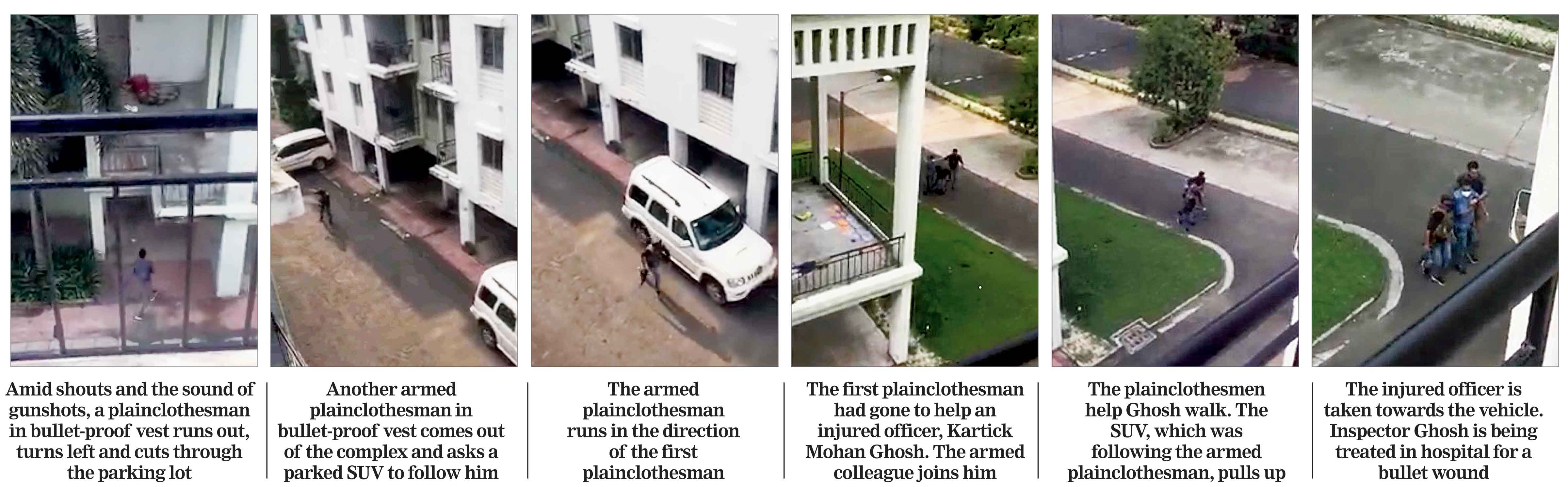 Footage recorded from another flat in the complex shows what was visible outside when the shootout took place. An unseen  person in the video can be heard saying “Come inside, come  inside, shut this” and “Firing hochchhe na? Firing hochchhe  (Isn’t firing on? Firing is on)”. Seconds later, at least six gunshots ring out. 