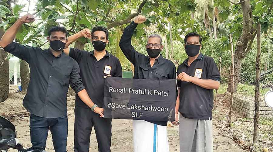 Lakshadweep residents in black protest against Praful Khoda Patel on Monday.