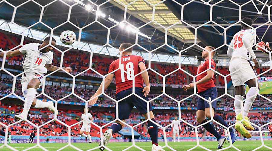 Raheem Sterling scores for England during the match against Czech Republic at London’s Wembley Stadium on Tuesday. In the other Group D match at Hampden Park, Glasgow, Nikola Vlasic gave Croatia the lead over Scotland before Callum McGregor equalised in the 42nd minute.