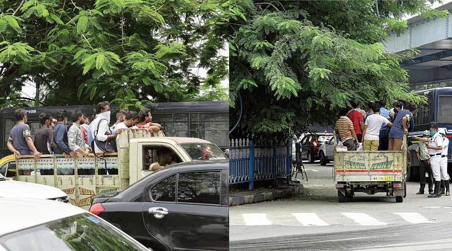 A pick-up van packed with people had stopped at the traffic signal on Outram Road, at its intersection with Chowringhee Road, around 11am on Wednesday. The moment the signal turned green and the vehicle turned left, two traffic policemen came running and signalled the driver to stop.  The vehicle was ferrying people headed for work towards Esplanade. The cops told the passengers off for travelling in an “unauthorised” vehicle. “Please find another way to go to work,” one of the cops told them. In the absence of public transport, many commuters hop on any vehicle they come across after paying a “fare” to the driver. On Wednesday, these people were forced to walk the last stretch in the absence of an alternative. 