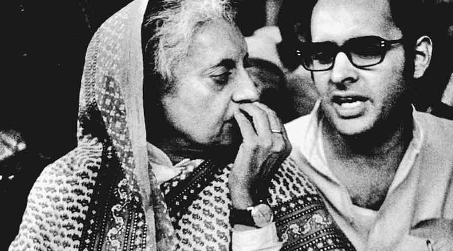 Indira Gandhi with Sanjay Gandhi at a meeting in Delhi after Emergency, 1977