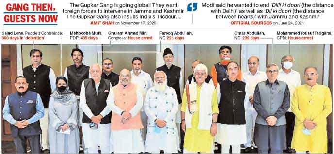 A photograph tweeted by the PMO shows Prime Minister Narendra Modi with the leaders from Jammu and Kashmir who took part in the all-party meeting in New Delhi on Thursday. Several of these leaders are part of the Gupkar alliance for restoration of the undiluted Article 370 and  had said they had been detained for months after the Centre diluted Article 370  but the government has either denied or not acknowledged their long captivity. The figures above show the number of days each leader was purportedly detained.