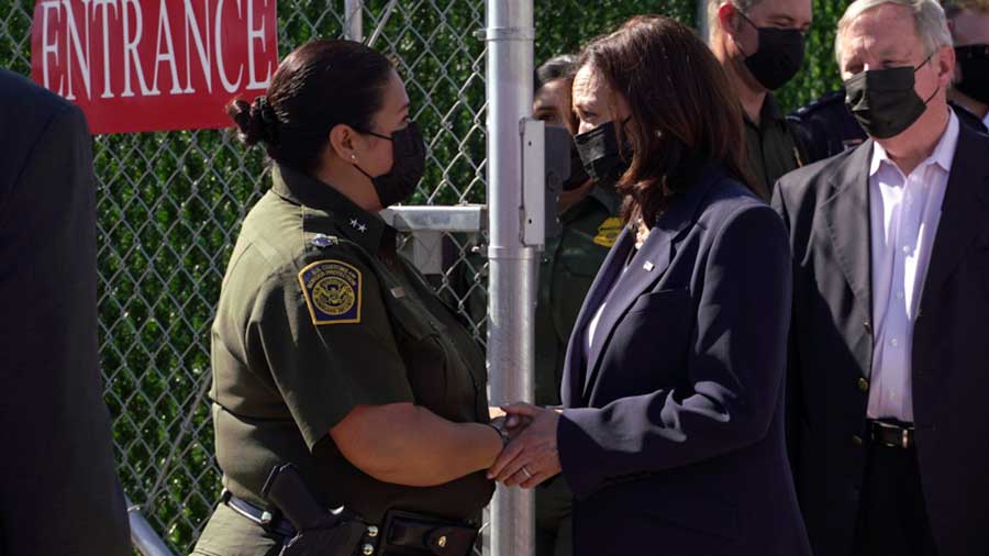 Chief Patrol Agent Gloria Chavez, left, shakes hands Vice President Kamala Harris as Harris departs the El Paso Border Patrol Station in El Paso, Texas on Friday, June 25, 2021. 
