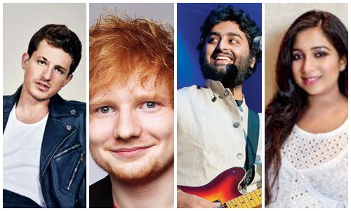 (L-R) Charlie Puth, Ed Sheeran, Arijit Singh and Shreya Ghoshal