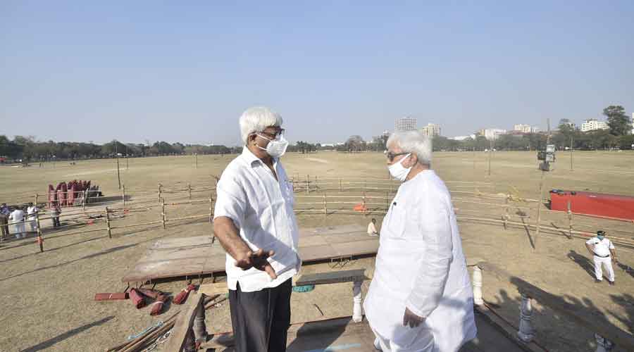 Left Front Chairman Biman Bose with party leader Sujan Chakraborty inspects the preparations at Brigade Parade Ground on the eve of Left-Congress joint rally 