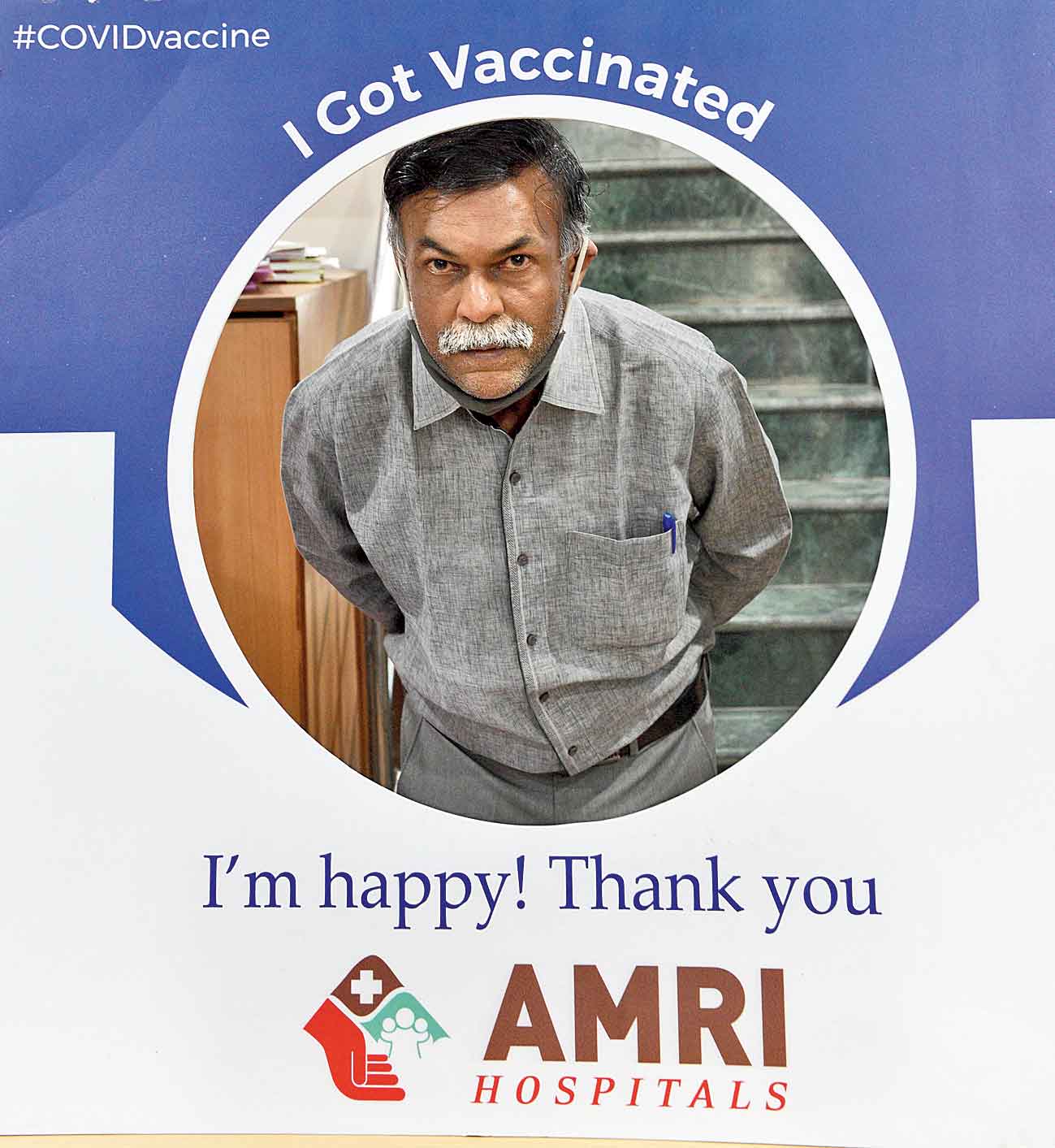 The picture of a Covid vaccine recipient clicked at a photo booth installed at AMRI Hospitals Dhakuria on Monday