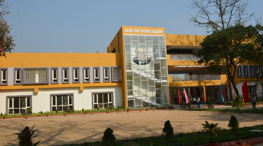 Het nieuwe gebouw op Naval Tata Hockey Academy in Jamshedpur op dinsdag.