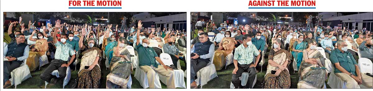 The audience at Calcutta Club on Saturday gave an overwhelming aye in favour of the motion — During the pandemic, India failed to balance lives with livelihood. Put to vote  by moderator Sandip Chatterjee, the hands raised for the proposition (left) outnumbered those raised against (right)