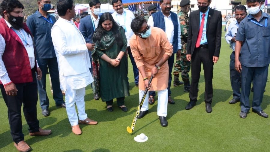 CM Hemant Soren tries to flick the ball during the inaugural ceremony of the national hockey meet in Simdega on Wednesday.