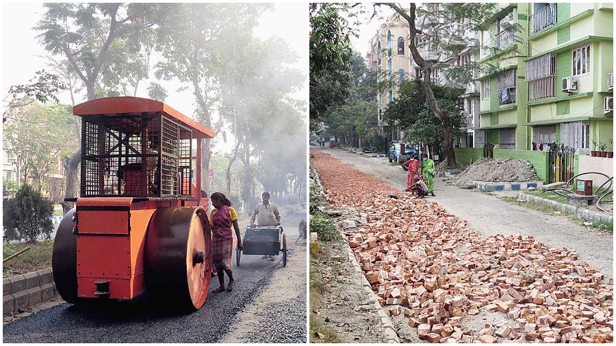 A  resident covers her nose to guard against the smoke as she walks home in FD Block. (Right) The service road being laid with brickbats before it gets the coat of stone chips and bitumen. 