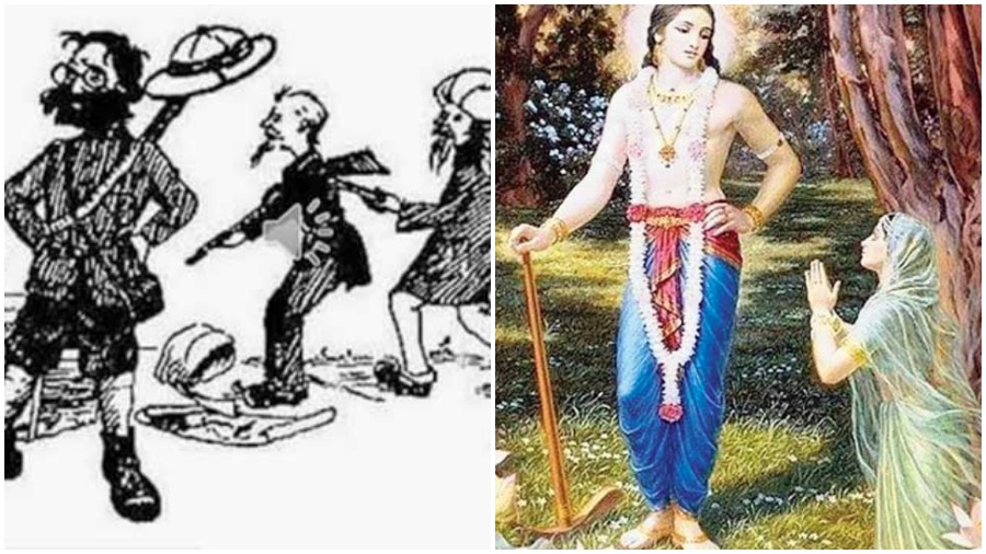 A sketch from Sukumar Ray’s Heshoram Hnushiyarer Diary; (right) Balaram and Revathy
